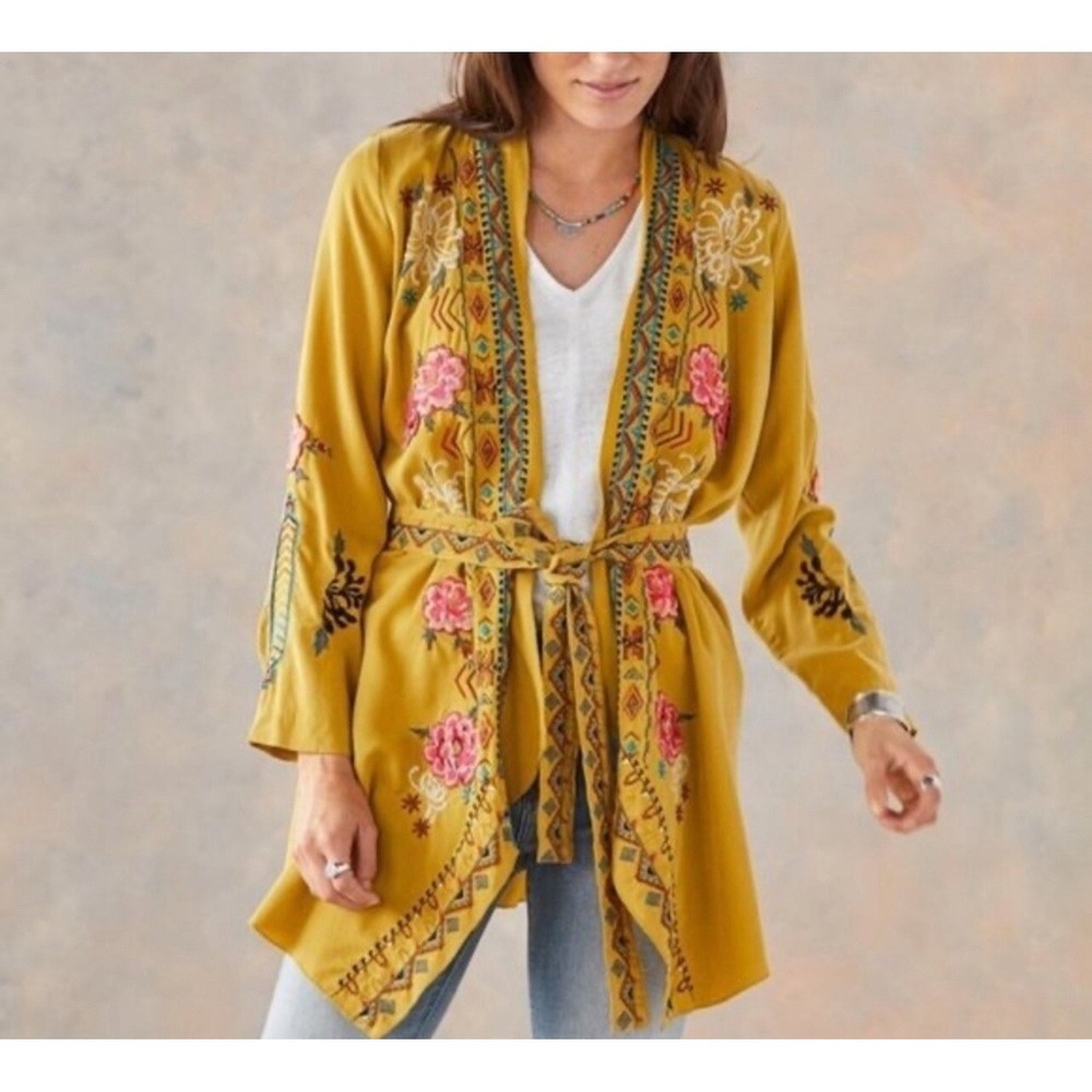 Driftwood Abby Goldie Yellow Mustard Boho Floral Embroidered Belted Kimono Sz L